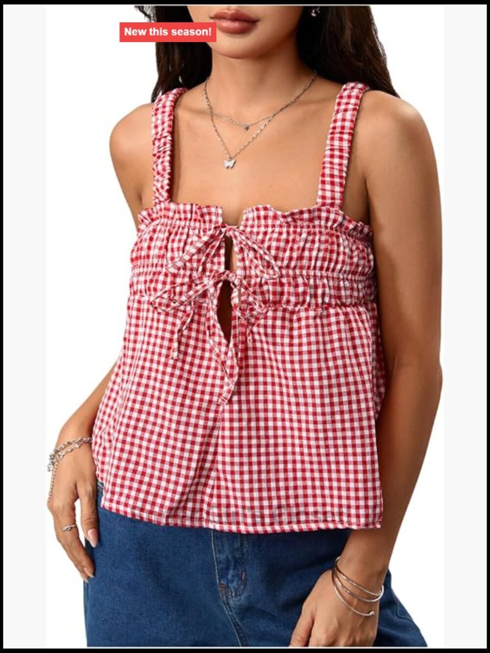 Gingham Sleeveless Camisole Top Women's Cute Cropped Tie Front Square Neck